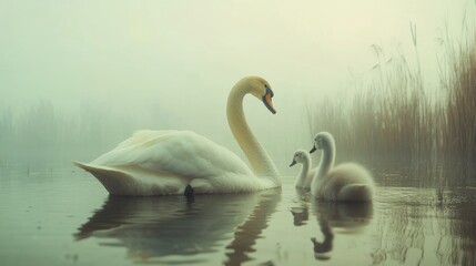 Fototapeta premium Swan family gracefully gliding through misty wetland lake showcasing elegance and serenity in a tranquil natural setting