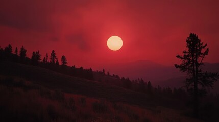 Obraz premium Majestic Sunrise with Fiery Red Skies Over Mountainous Landscape and Silhouetted Pine Trees