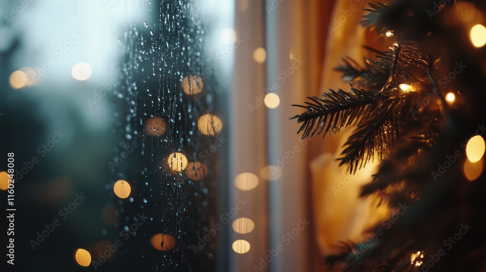 Poster raindrops on window with blurred fairy lights creating a cozy moody atmosphere in a festive setting 