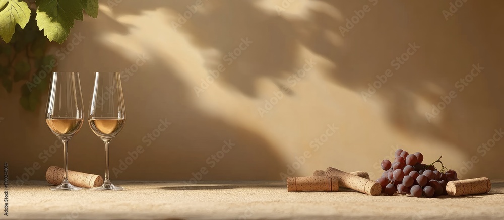 Poster wine tasting setup featuring glasses corks and grapes on a rustic surface with shadows and empty spa