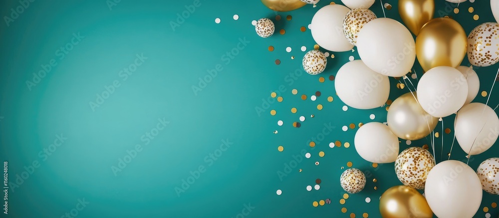 Poster wreath of white and golden balloons on teal background with ample empty space for customizable text 