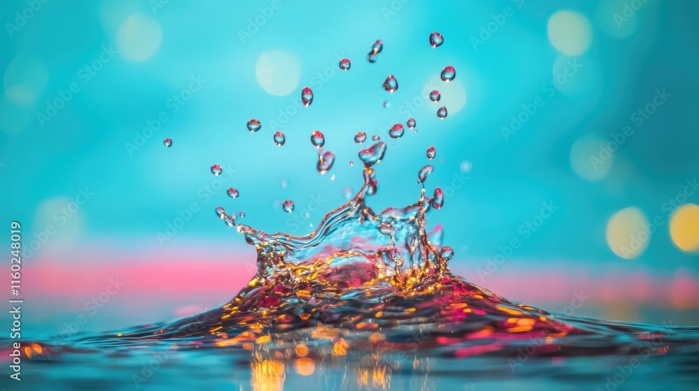 Poster aqua water splash with colorful bokeh background for creative designs and artistic projects