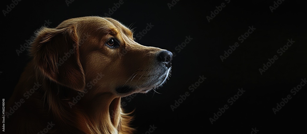 Poster portrait of a golden retriever dog with a serene expression against a dark background ideal for text