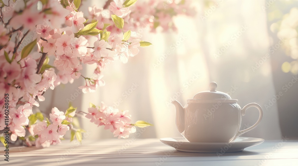 Poster delicate white teapot and teacup on a soft background surrounded by blooming flowers creating a sere