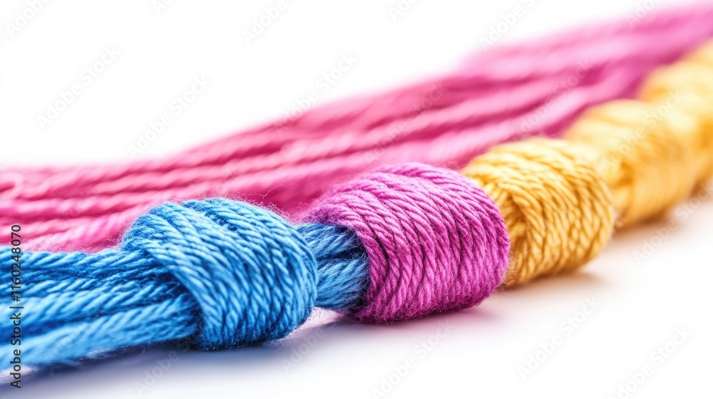 Poster colorful twisted strings in knots isolated on a white background for crafting and textile design con