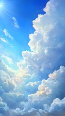 Bright sunbeams pierce fluffy clouds above green trees.