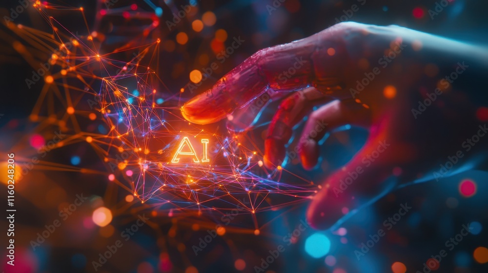 Aufkleber robotic hand interacting with ai network data