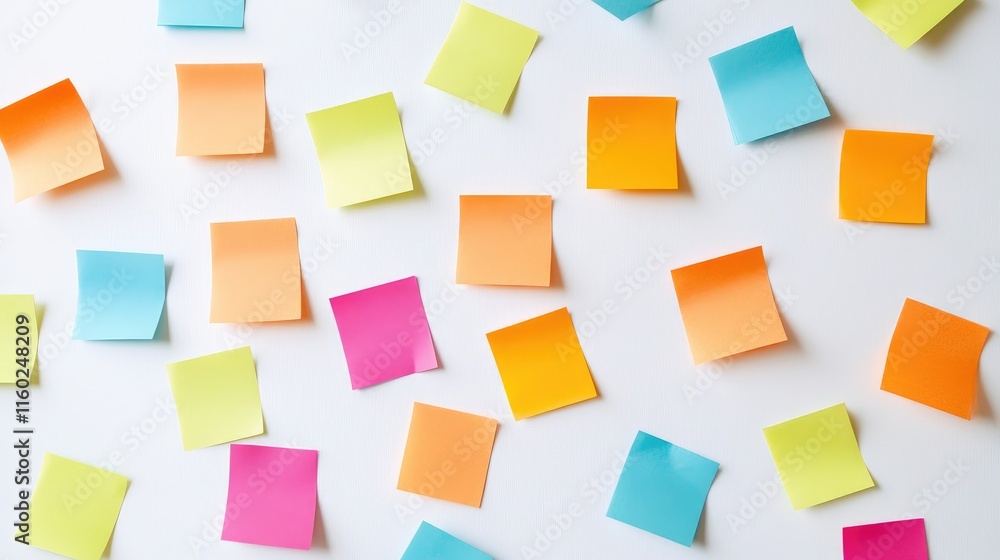 Poster colorful sticky notes on a white background symbolizing brainstorming and teamwork in problem-solvin