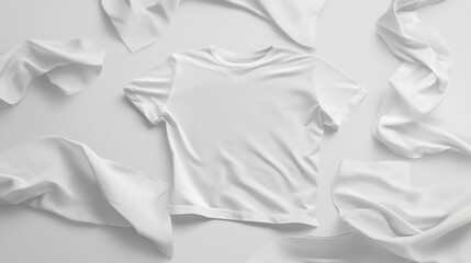 Obraz premium White T-shirts gracefully falling onto a soft fabric background creating a stylish and modern apparel concept for fashion photography.