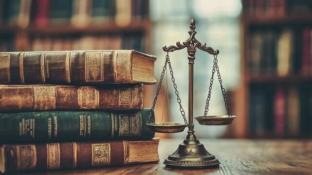 Vintage scales of justice and antique law books on a wooden table in a library or courtroom, with a blurred background and a bokeh effect. This image serves as a banner for a justice concept,