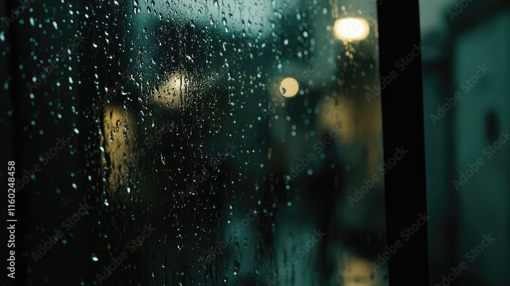 Poster raindrops on urban window creating a moody atmosphere with blurred city lights and soft reflections 