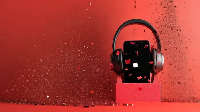 3D render of music headphones with a smartphone in a gift box on a red background with confetti and copy space for text, a mock-up for presentation design, a banner, or a poster.