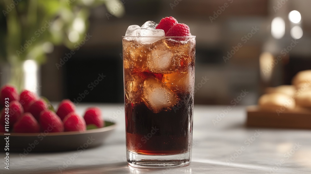 Poster refreshing sweet and sour red cola cocktail with raspberry liqueur and vodka garnished with fresh ra