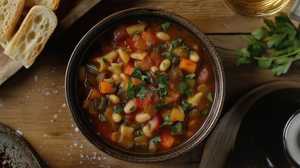 A hearty vegetable soup featuring beans, tomatoes, and herbs, served in a rustic bowl alongside fresh bread on a wooden table.