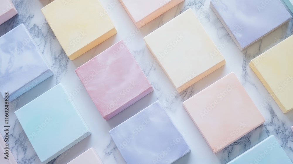 Poster soft pastel gradient squares arranged on a marble surface creating a serene and elegant aesthetic fo