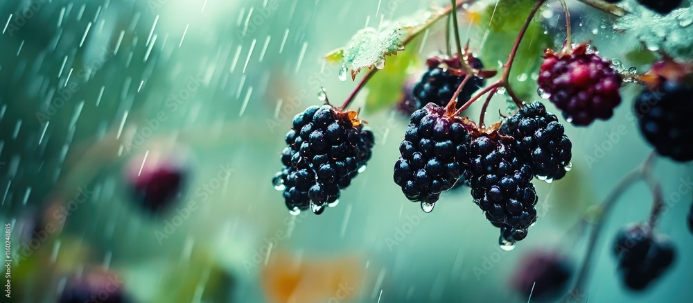 Poster close up of overripe blackberries on wild grape branches with raindrops and bright background ideal 