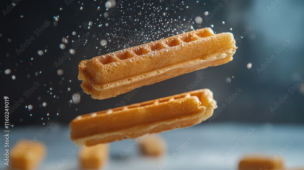 Poster floating waffle sticks captured in a dynamic setting with sugar dust particles around them creating 