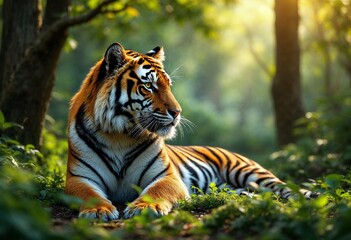 Obraz premium Majestic Tiger Resting in a Sunlit Forest 