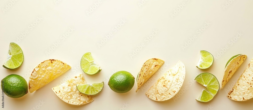 Poster taco shells and lime halves arranged on a light background with space for text ideal for food promot
