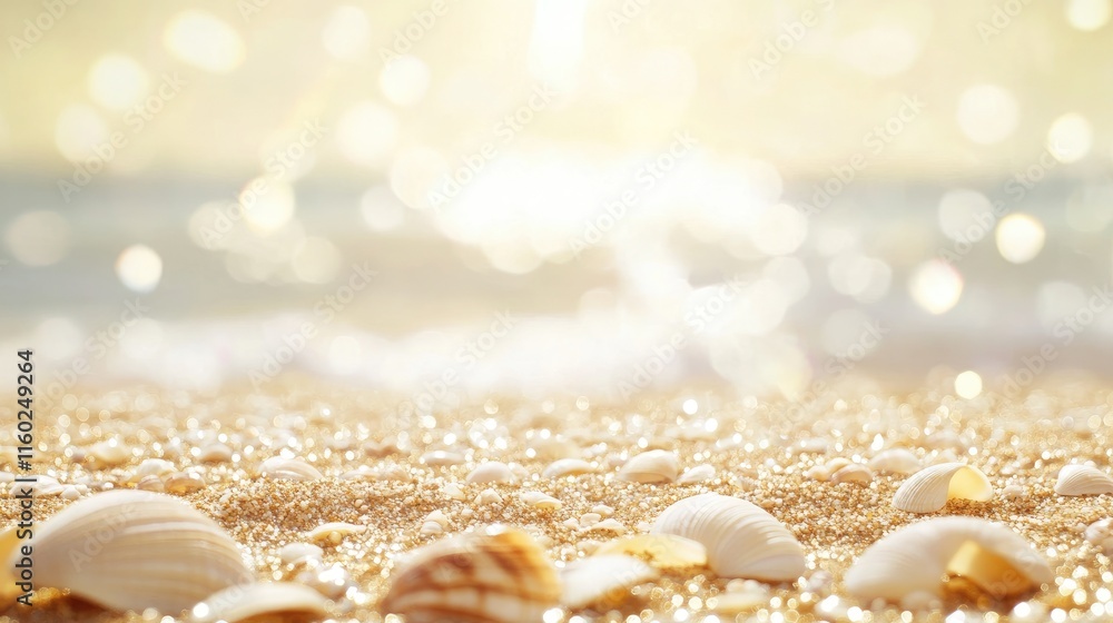 Aufkleber seashells on sparkling beach sand with sunlight reflections and blank space for text or design use