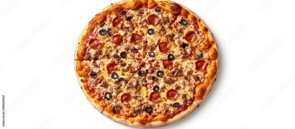 Poster homemade pizza with assorted toppings viewed from above showcasing a blank space for customizable te
