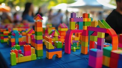 A vibrant maker faire with innovators showcasing DIY projects made from blocks, Blocks used in innovative DIY projects, Maker culture style