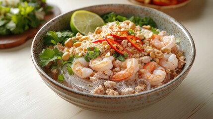 A vibrant bowl of shrimp salad with vermicelli, garnished with lime, chili, and herbs, showcasing a fresh and flavorful dish.