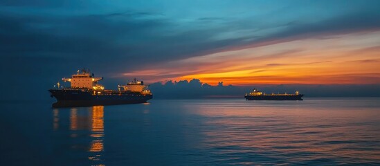 Obraz premium Dusk view of cargo ships in port with illuminated reflections and vibrant orange sky creating a serene maritime atmosphere at blue hour