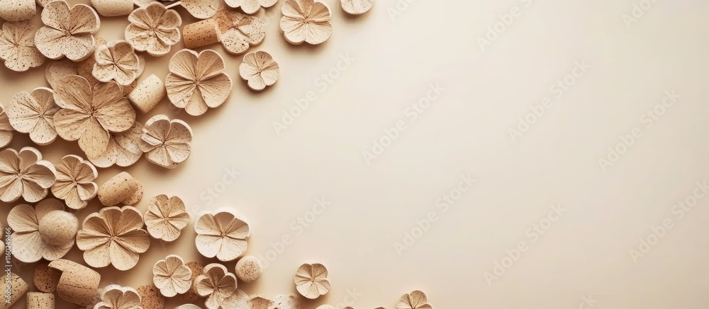 Poster wine corks creatively arranged in a floral pattern with a blank space for text for wine-related prom