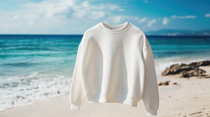 Casual White Sweatshirt Displayed on Serene Beach with Clear Blue Sea and Gentle Waves in Background
