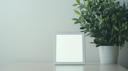 Fototapeta premium White tablet PC with blank screen on a clean desk beside a potted plant in a minimalistic studio setting designed for technology presentations.