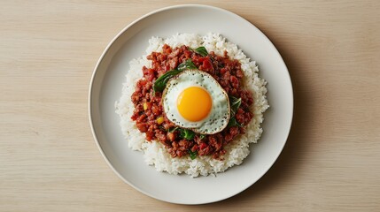 A delicious plate of rice topped with a savory meat mixture and a sunny-side-up egg, garnished with green herbs.