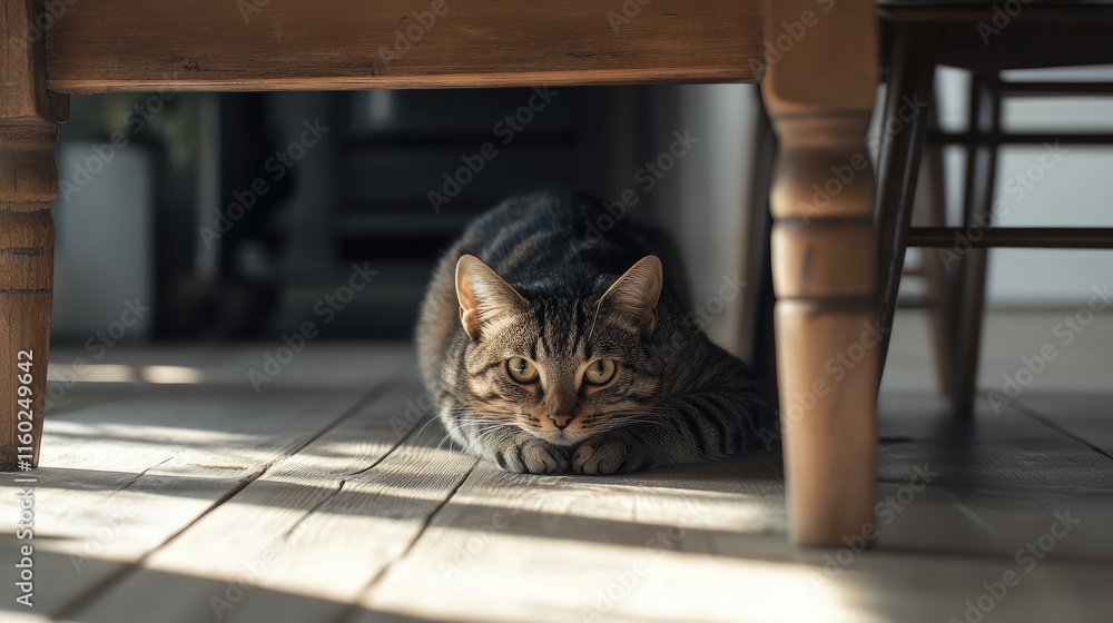 Poster amusing striped cat hiding under table in cozy indoor setting with soft light creating playful shado