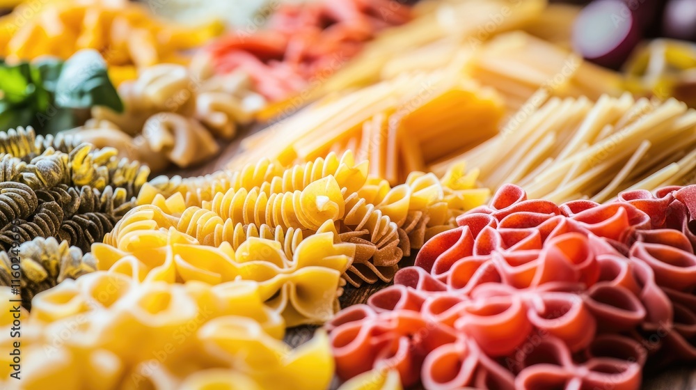Poster vibrant assortment of colorful pasta varieties displayed in a rustic culinary setting