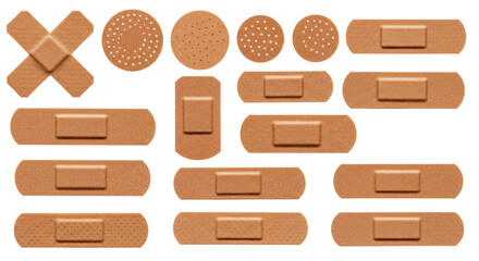 A collection of various skin-tone adhesive bandages on a white background.