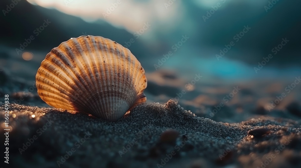 Aufkleber seashell illuminated by sunlight resting on soft sand with a blurred beach background in a serene co