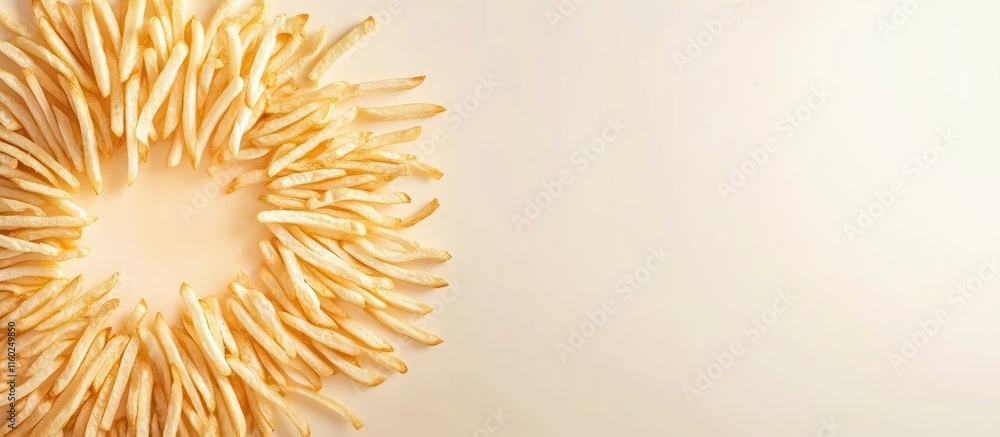 Poster top view of crispy french fries arranged in a circular pattern with sauce on a light background and 