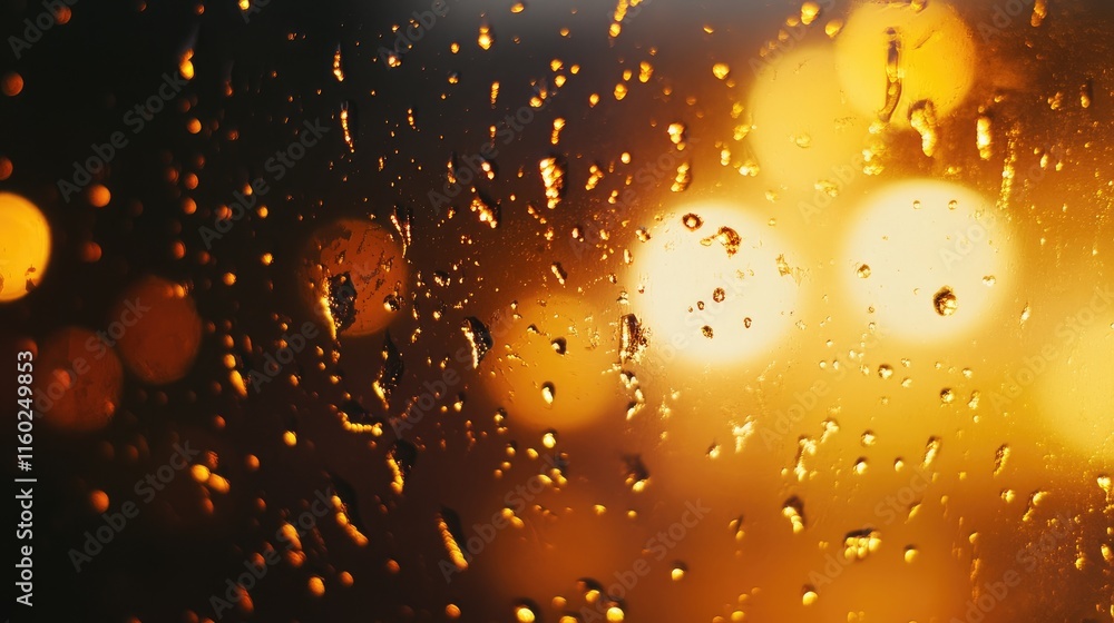 Poster raindrops on glass surface with bokeh effect and soft backlight creating a calm and cozy atmosphere