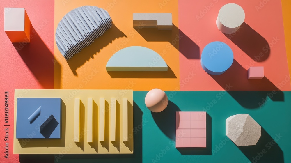 Aufkleber colorful geometric shapes and patterns in an abstract flat lay design representing creativity and mo