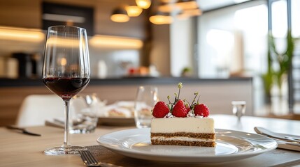 Fototapeta premium Contemporary luxury dining area showcasing dessert and wine with elegant decor and open kitchen design