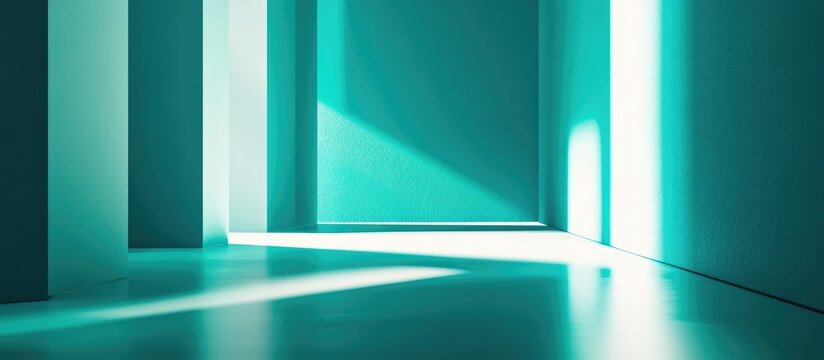 Cyan and teal gradient with light reflections creating an empty space for text and design elements in a modern interior setting