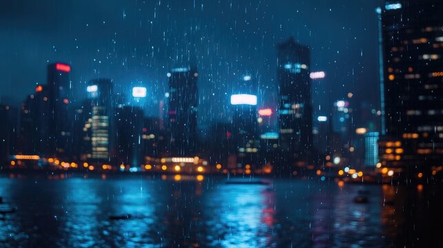 Rainy night skyline with city lights reflected on water and space for text overlay in a moody atmospheric setting - Powered by Adobe