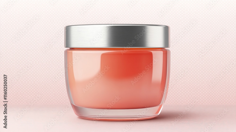 Poster coral glass container with silver lid and matte texture showcasing empty copyspace on transparent ba