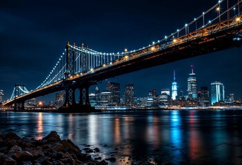 Obraz premium Illuminated Suspension Bridge Over City Skyline at Night 