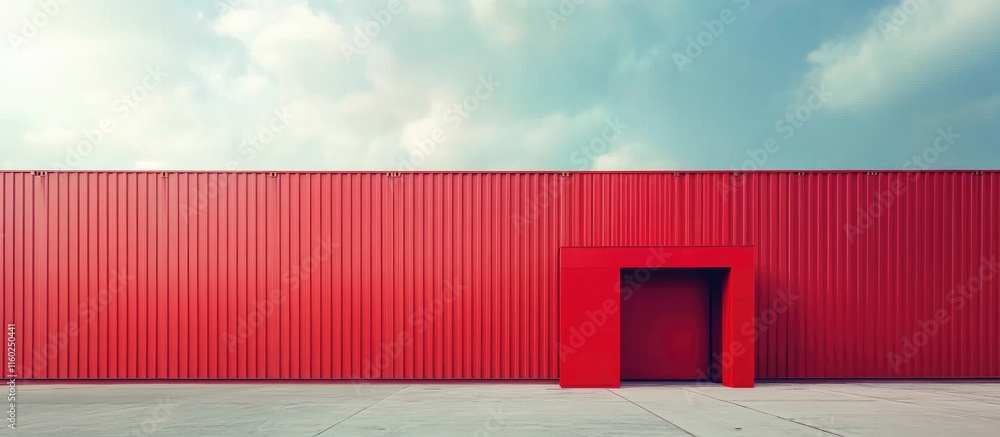 Poster cargo containers against a vibrant red wall at a shipping terminal with ample copy space for text an