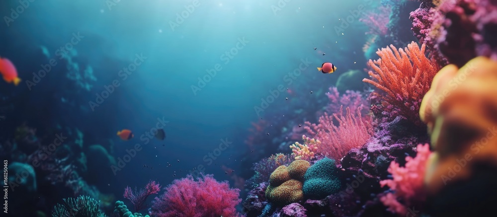 Poster vibrant underwater scene featuring diverse coral reefs and colorful fish with space for text overlay