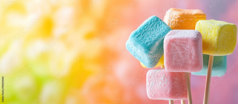 Poster colorful marshmallows on sticks against a bright gradient background with space for custom text or b