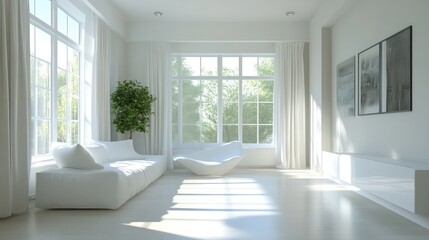 Fototapeta premium Bright and Airy Living Room with Soft Studio Lighting and Large Windows Showcasing Natural Light on Minimalist Decor