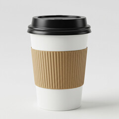 A disposable white coffee cup with a black lid and brown sleeve.