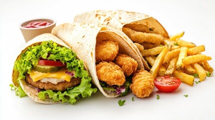 Delicious Assorted Fast Food including Burgers Tacos Fries and Chicken Nuggets on Clean White Background